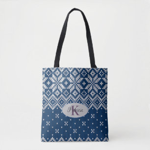 Bolsa Tote Personalize o padrão azul e branco do kit de lã az
