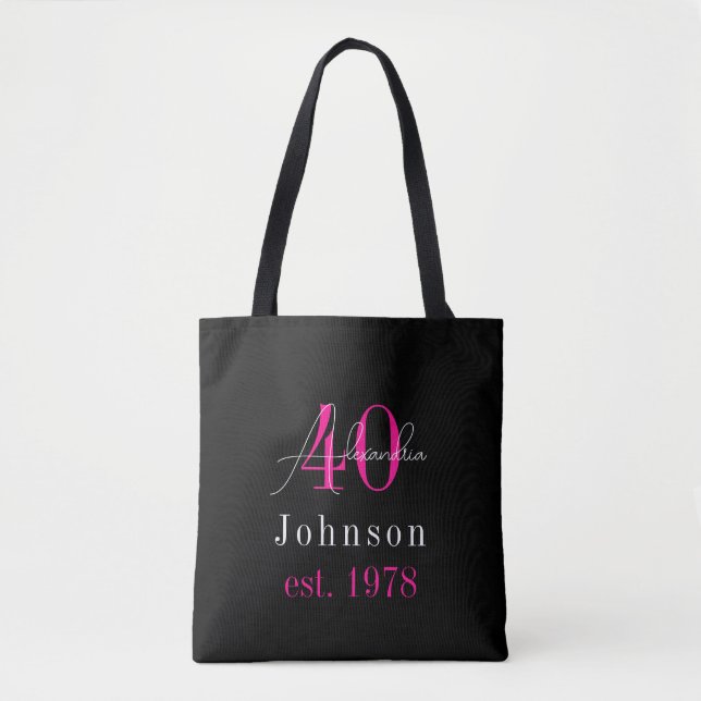 Bolsa Tote Personalized 40th Birthday Black Hot Pink (Frente)