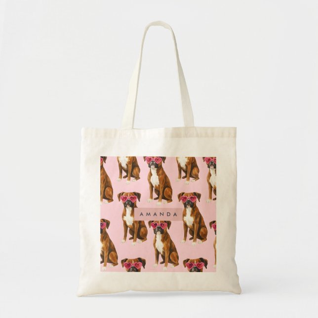 Bolsa Tote Personalized Boxer Dog with Pink Heart Glasses (Frente)