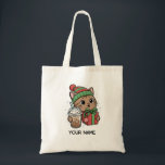 Bolsa Tote Personalized Cute Christmas Cat Tote Bag<br><div class="desc">Personalized cute Christmas cat tote bag featuring an adorable kawaii kitty wearing a festive winter hat and holding a holiday gift and iced coffee. This charming holiday tote bag is perfect for cat lovers and anyone who enjoys cozy winter designs. Add your own custom name to make this tote bag...</div>
