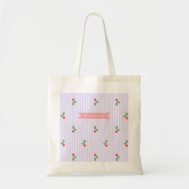 Bolsa Tote Personalized Cute Striped Holiday Christmas Holly  (Frente)