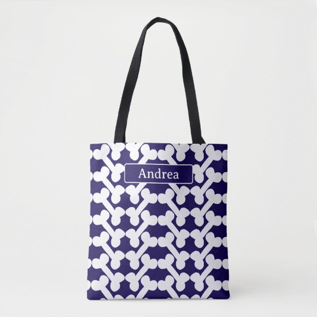 Bolsa Tote Personalized Dog Bone Pattern Navy White Modern  (Frente)