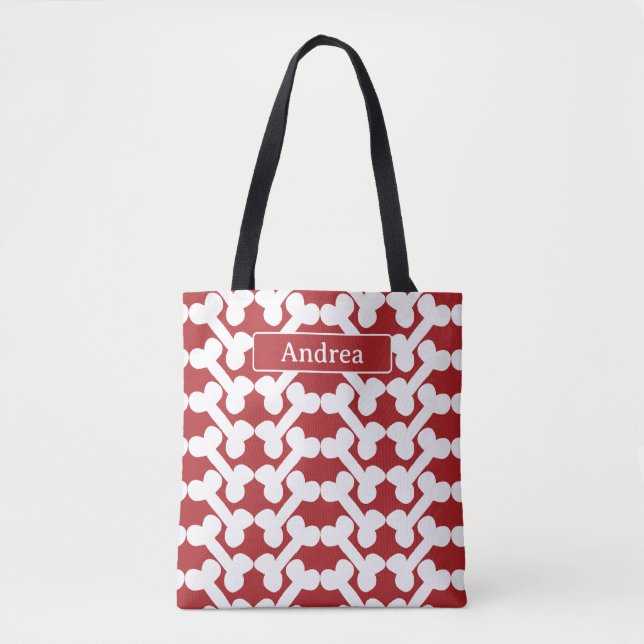 Bolsa Tote Personalized Dog Bone Pattern Red White Modern  (Frente)