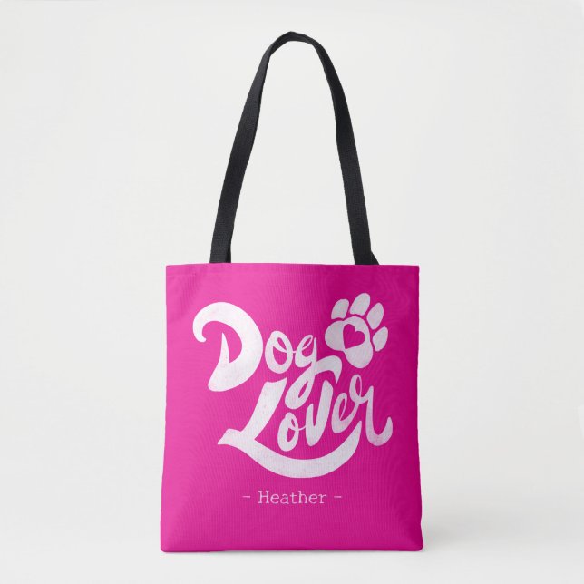 Bolsa Tote Personalized Dog Lover Hand-Lettered Hot Pink (Frente)