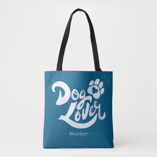 Bolsa Tote Personalized Dog Lover Hand-Lettered Ocean Blue (Frente)