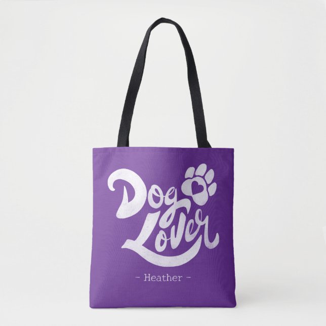 Bolsa Tote Personalized Dog Lover Hand-Lettered Purple (Frente)