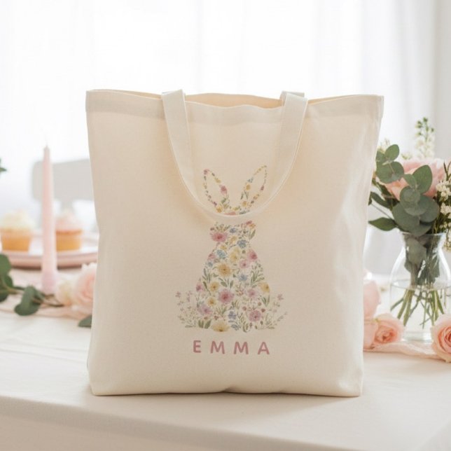 Bolsa Tote Personalized Floral Easter Bunny  Custom (Criador carregado)