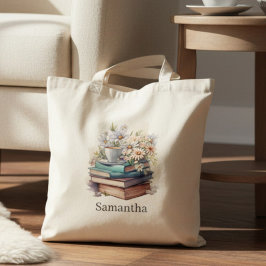 Bolsa Tote Personalized Floral Stacked Books