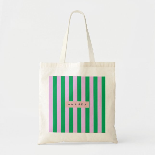 Bolsa Tote Personalized Fresh Green and Pink Striped Retro (Frente)