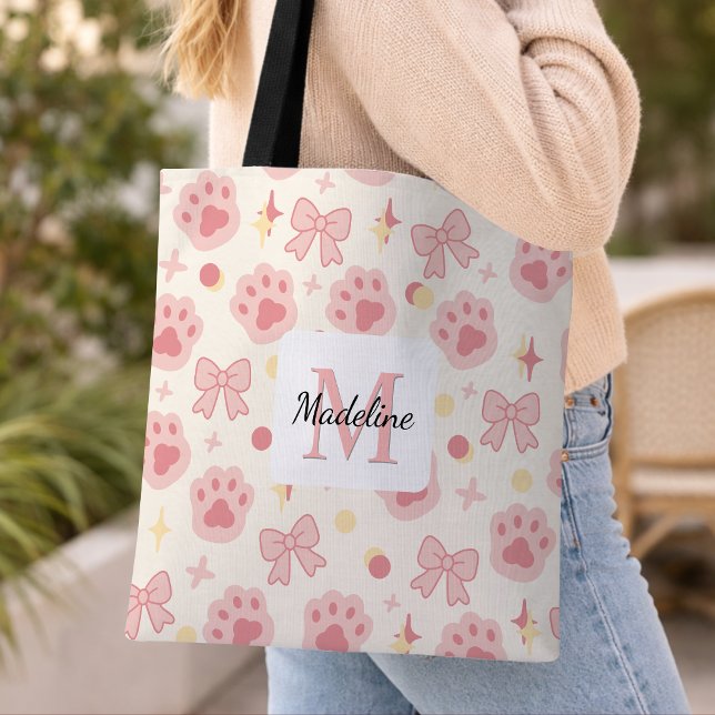 Bolsa Tote Personalized Girl Cat Paw Cute Bow Name Pink (Criador carregado)