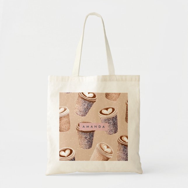 Bolsa Tote Personalized Glitter Coffee Cup Latte Art  (Frente)