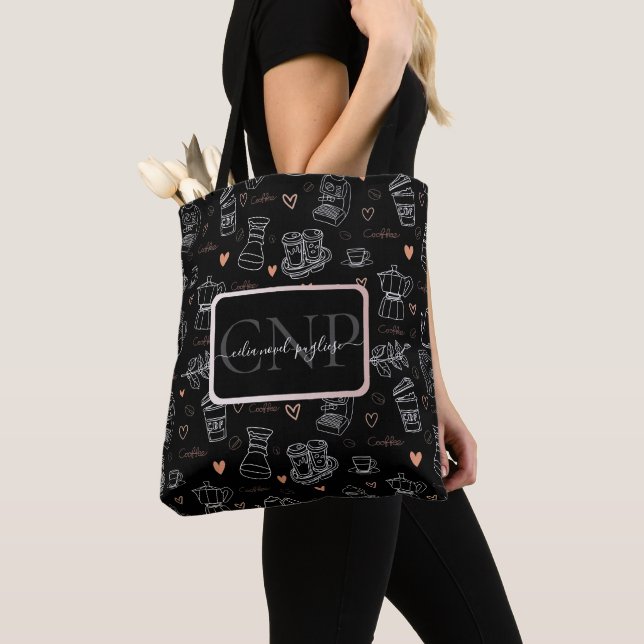 Bolsa Tote Personalized Modern Coffee Pattern Black (Close Up)