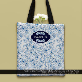 Bolsa Tote Personalized Name Feminine Blue Floral Pattern