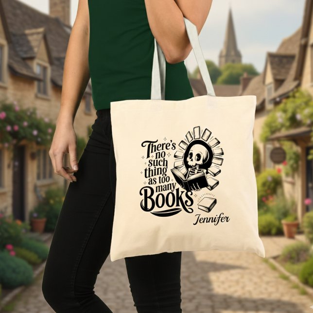 Bolsa Tote Personalized No Such Thing As Too Many Books (No such thing as too many books personalized tote bag in a village street.)