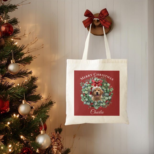 Bolsa Tote Personalized Pet Christmas with Wreath & Name Tote (Criador carregado)