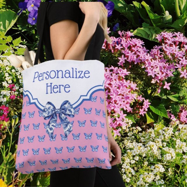 Bolsa Tote Personalized Pink Blue White Butterfly (Lovely Mothers Day gift!)