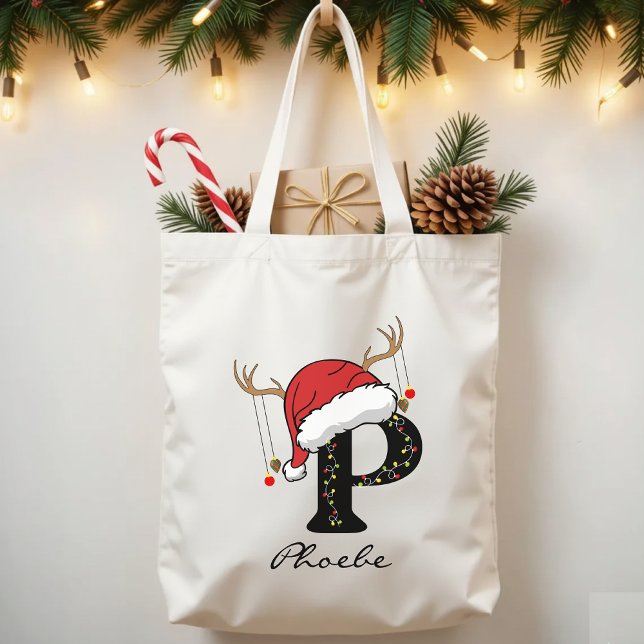 Bolsa Tote Personalized Santa Claus Monogram Tote Bag for Him (festive monogram tote, Santa holiday bag, personalized family gift, Christmas bulk gifts,)