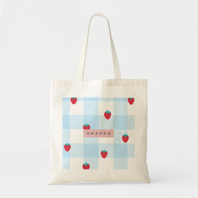 Bolsa Tote Personalized Sweet Strawberry Gingham Blue (Frente)