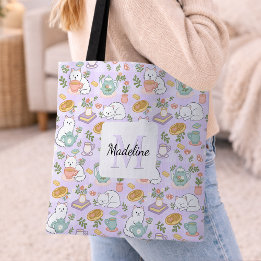 Bolsa Tote Personalized Tea & Bookish Cats Purple Girly