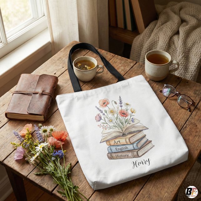 Bolsa Tote Personalized Teacher Floral Book Stack Custom Gift (Criador carregado)