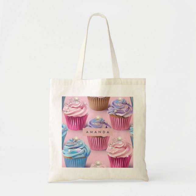 Bolsa Tote Personalized Whimsical Pastel Cupcake Dreams (Frente)