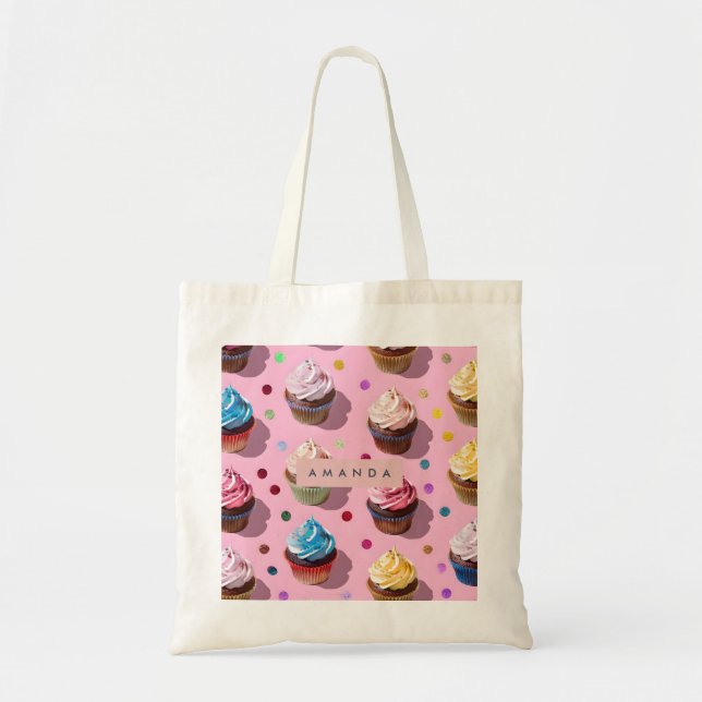 Bolsa Tote Personalized Whimsical Rainbow Cupcake Confetti (Frente)