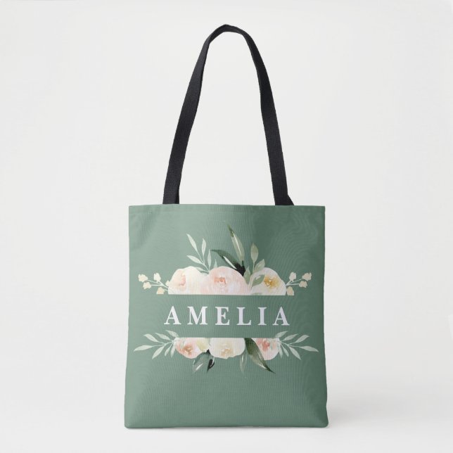 Bolsa Tote Pêssego e aquarela verde floral e folhagem (Frente)