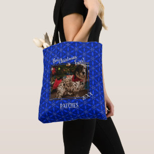 Bolsa Tote Pet Photo Blue Poinsettias Personalizadas de Natal
