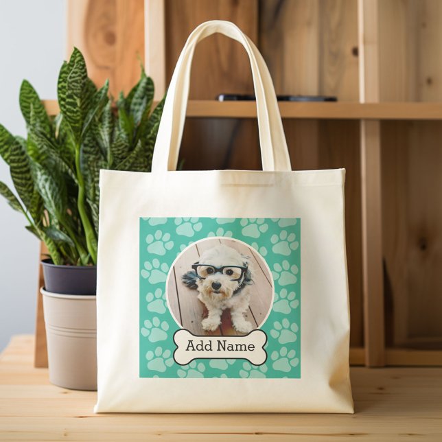 Bolsa Tote Pet Photo with Dog Bone and Paw Prints Green (Impr (Custom Canvas Tote Bag)