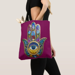 Bolsa Tote Pétalas Coloridas Folhas Hamsa Safira Terceiro Olh