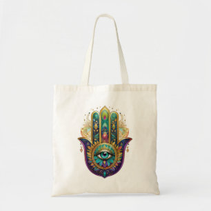 Bolsa Tote Pétalas Violeta Verde Dourado Hamsa Turquesa Terce