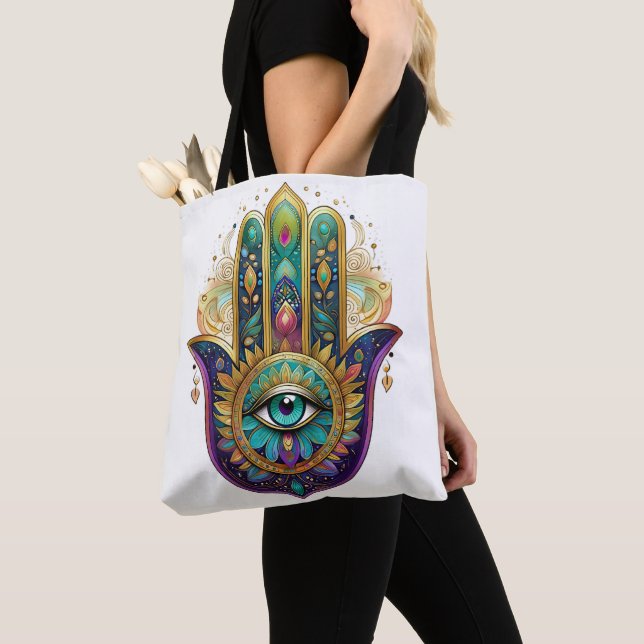Bolsa Tote Pétalas Violeta Verde Dourado Hamsa Turquesa Terce (Close Up)