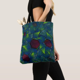 Bolsa Tote pétalas virtuais azuis, folhas e hexágono vermelho