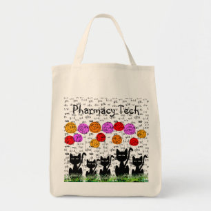 Bolsa Tote Pharmacy Tech com abreviações Rx e gatos
