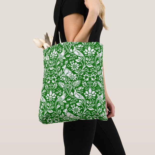Bolsa Tote Pheasant and Hare Patterno, Emerald Green e White (Close Up)