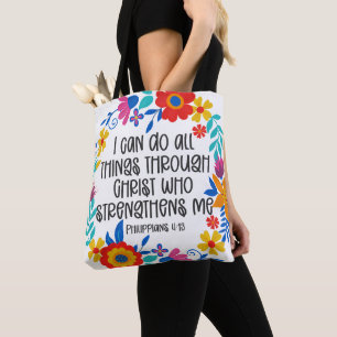 Bolsa Tote Philippians 4:13 Escritura de Bíblia Folk Art Flor