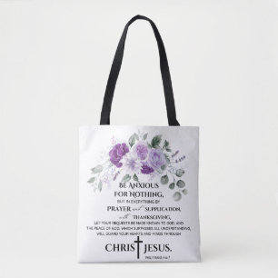 Bolsa Tote Philippians 4:6-7 Escritura Flores Roxos
