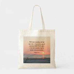 Bolsa Tote Philippians 4:6 rezam por tudo o Oceano Sunset
