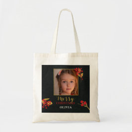 Bolsa Tote Photo Customizable Christmas Card, Black Gold Red