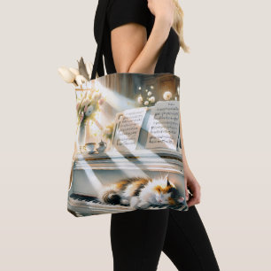 Bolsa Tote Piano de Casa de Gato Ensolarado Sonho Cottagecore