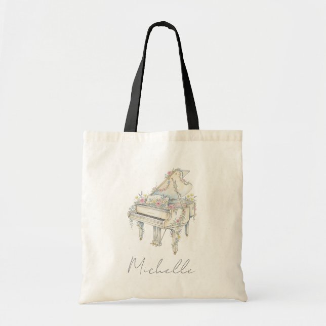 Bolsa Tote Piano de Cauda Elegante Personalizado com Flores (Frente)