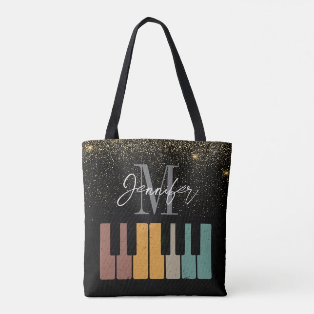 Bolsa Tote Piano Glitter Dourado Monograma Nome Personalizado (Verso)
