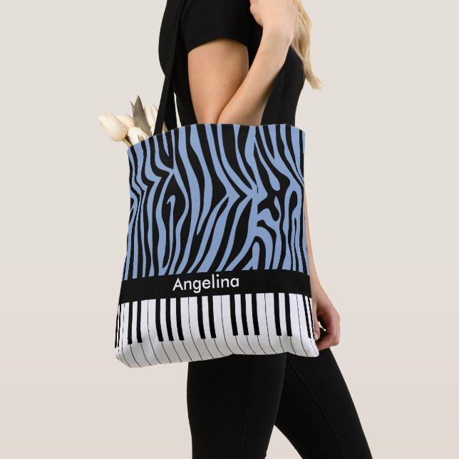 Bolsa Tote Piano Keys Sky Blue and Black Zebra Print (Close Up)