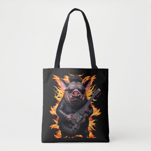 Bolsa Tote Pig Metal Guitar I Ham Rock & Roll Musical Gig (Frente)