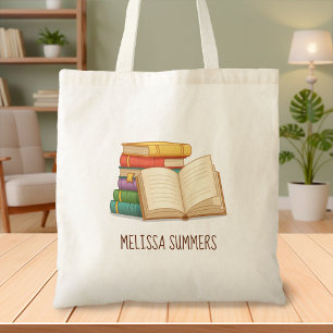 Bolsa Tote Pilha de Livros e Livro Aberto Nome Personalizado