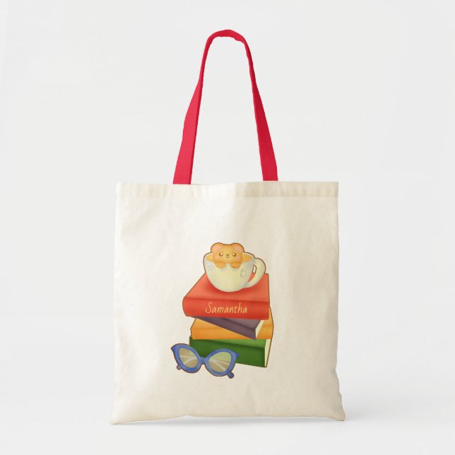 Bolsa Tote Pilha De Livros E Urso De Taça De Chá (Frente)