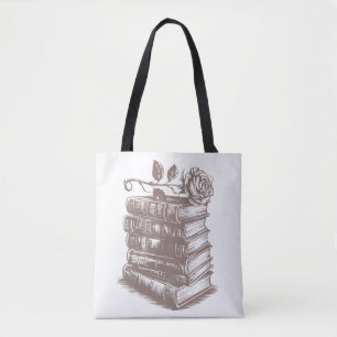 Bolsa Tote Pilha de Livros encimada por uma Rosa
