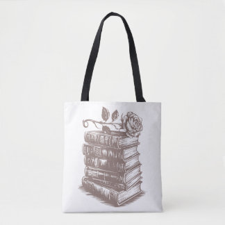 Bolsa Tote Pilha de Livros encimada por uma Rosa