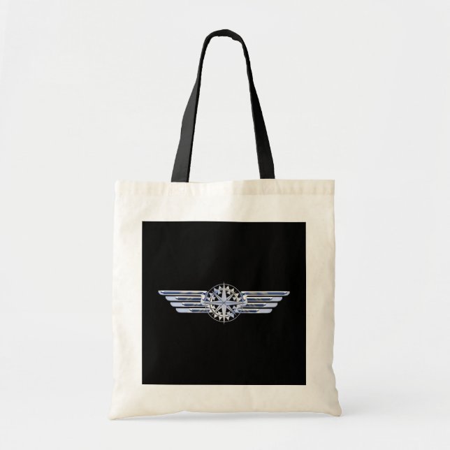 Bolsa Tote Piloto de avião Chrome Like Wings Compass em preto (Frente)