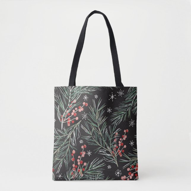 Bolsa Tote Pine Natal Twigs Black Background (Frente)